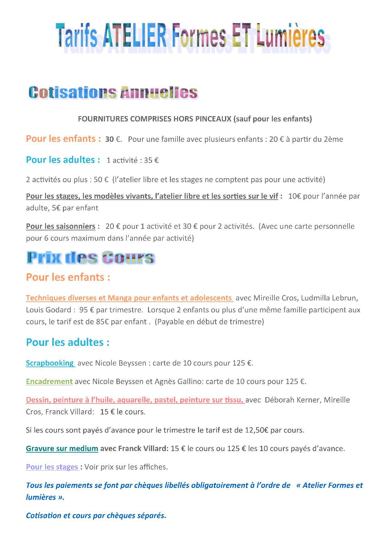 Tarifs a compter du 1er septembre 2025